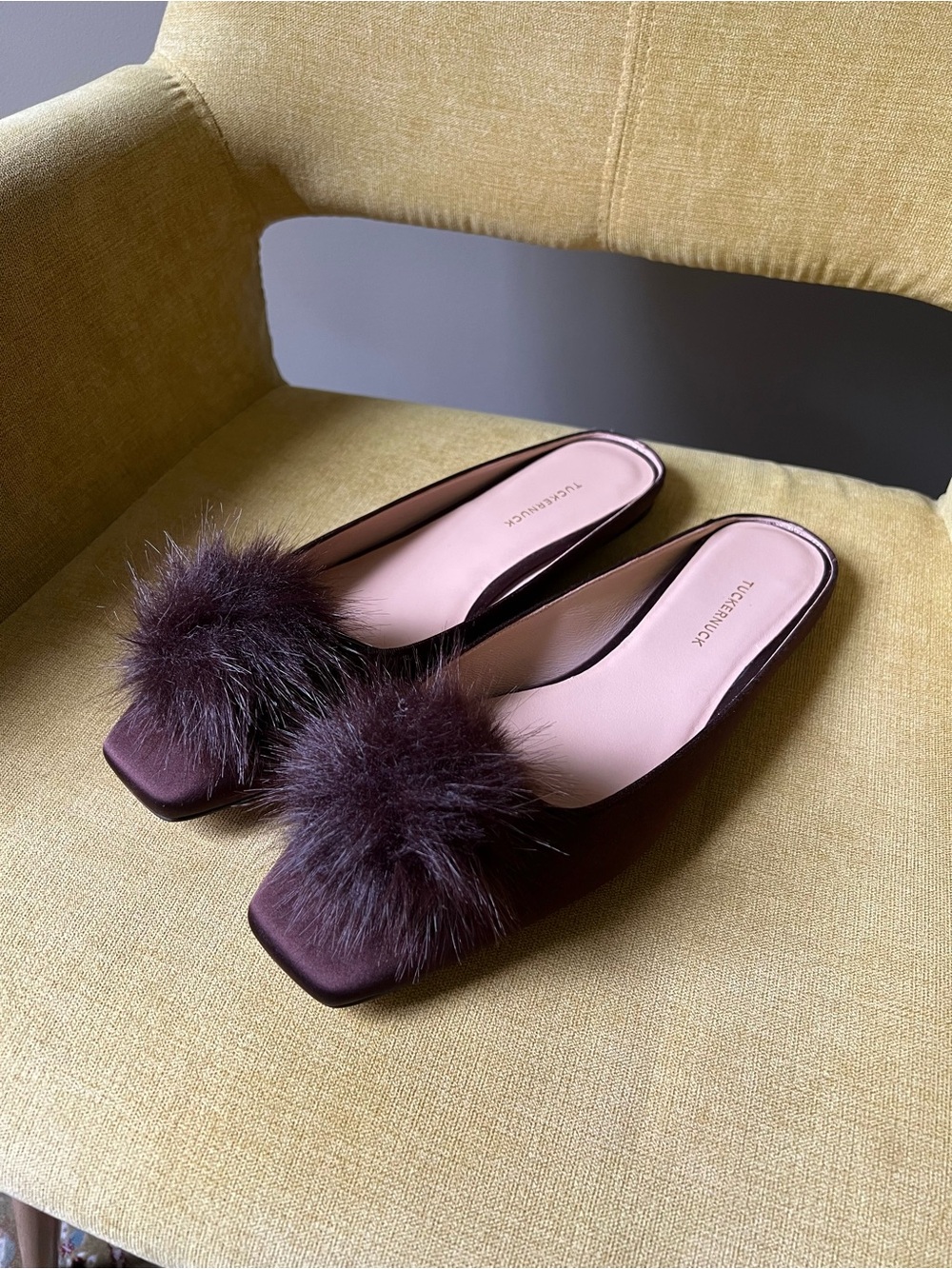 Brown Slides/Mules with Pom Poms